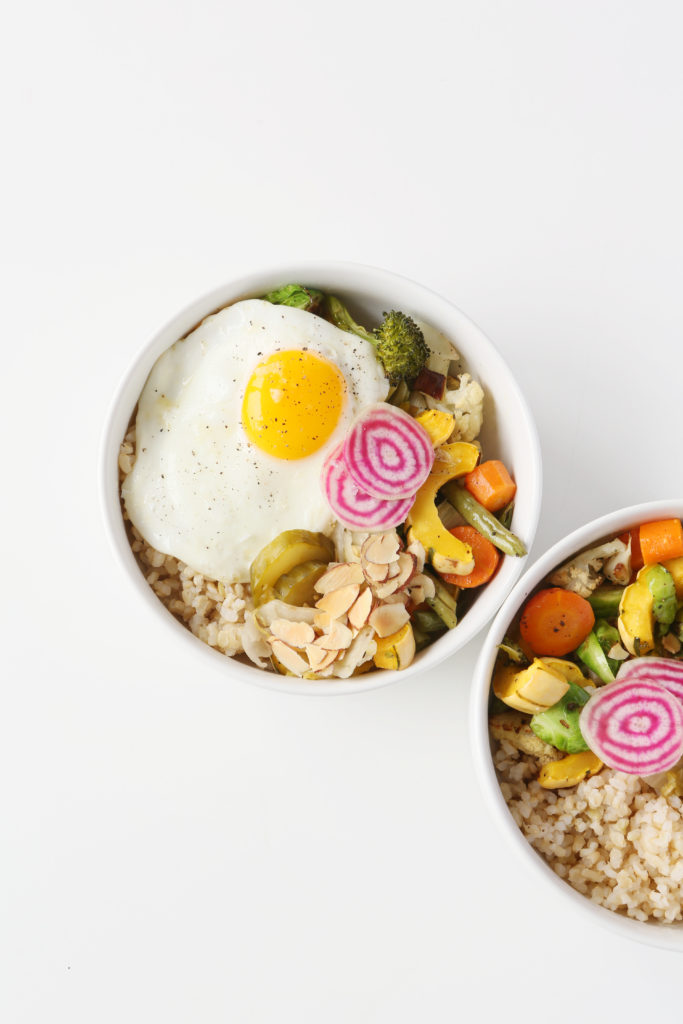 Market Bowl with Fried Egg and Almond-Tamari Sauce