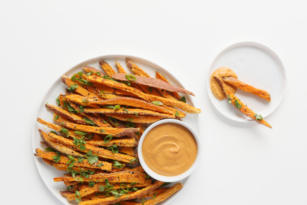 Sweet Potato Fries with Spicy Almond Butter Dip